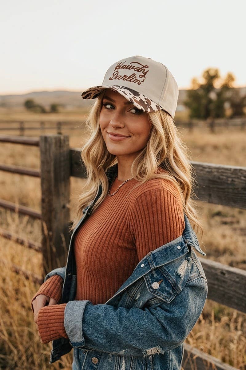 `Howdy Darlin Two Tone Canvas Cotton Cap Zenana : COW/ OS