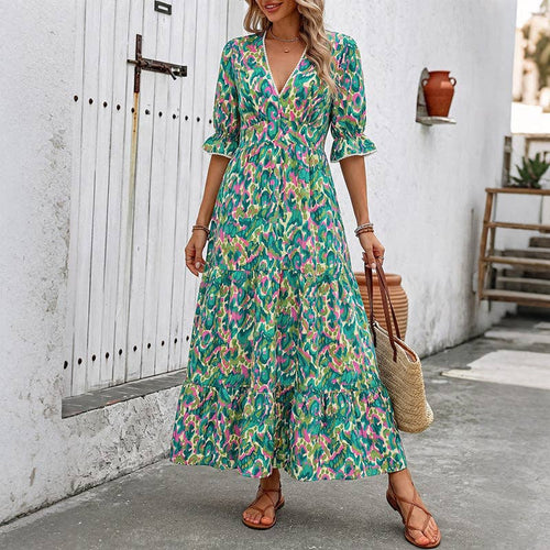 Abstract Maxi Dress V Neck Tiered: Green / 100% Viscose: Small - XL