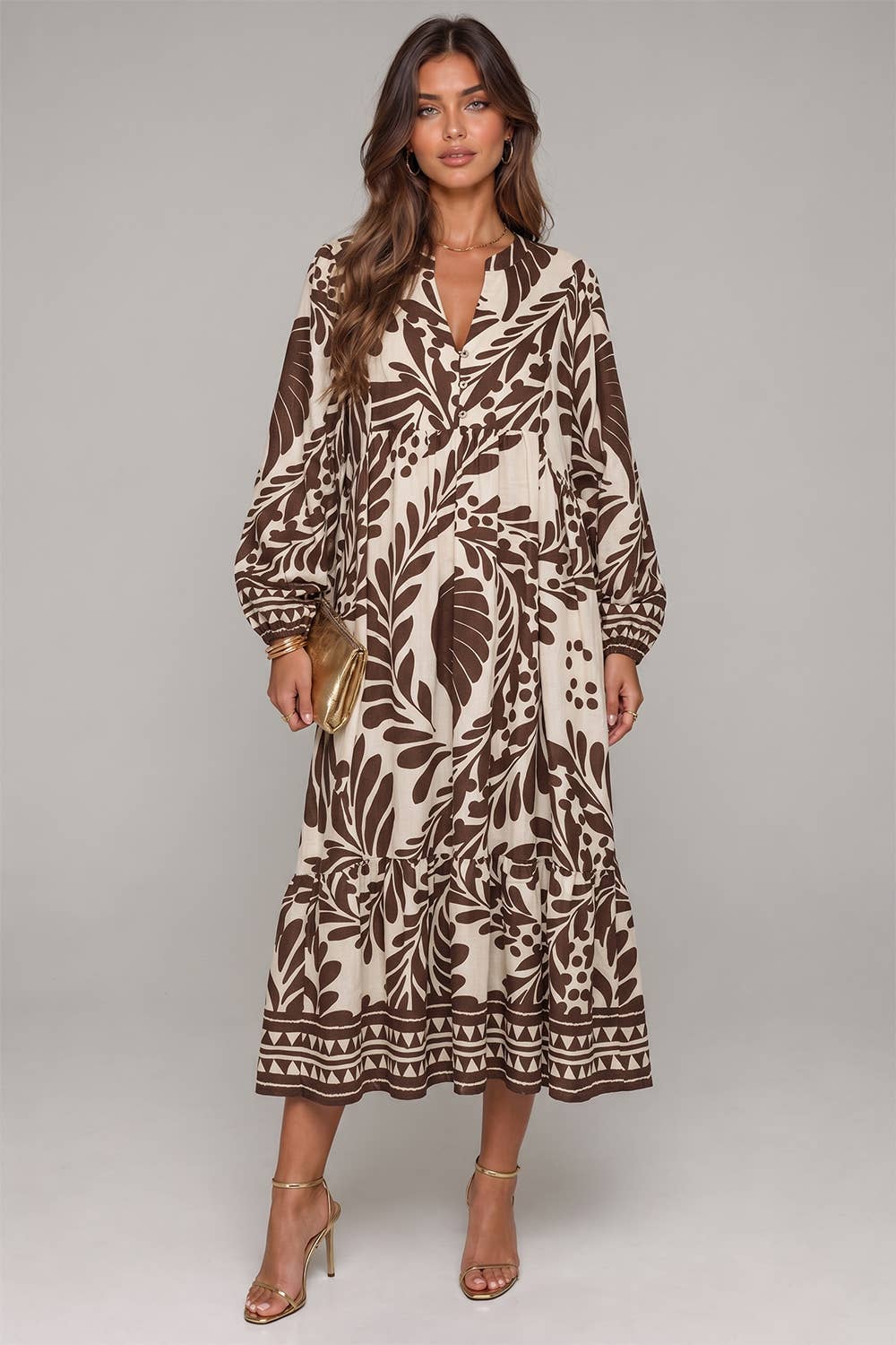 Autumn Print Tiered Maxi Dress: CHOCOLATE MIX / S-M-L