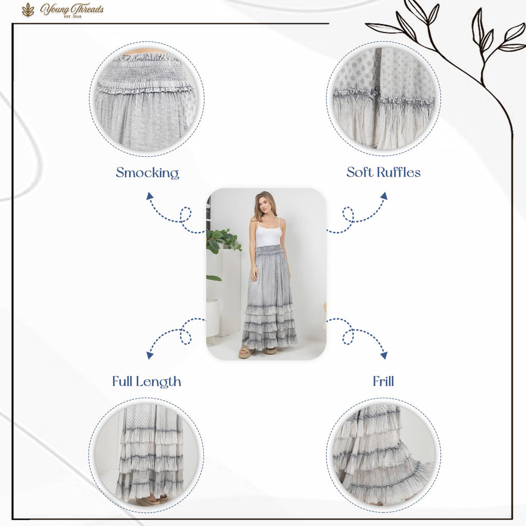 Young Threads: Rustic Textured Smocked Waist Ruffled Tiered Maxi Skirt: Gray / Small - 3X