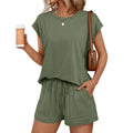 Casual Short Sleeve Top and Shorts Two Piece Set: Olive Green or Hot Pink / S-XL