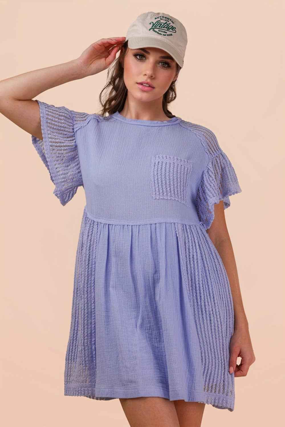 Waffle Knit Contrast Solid Comfy Mini Dress: BLUE / S-M-L/
