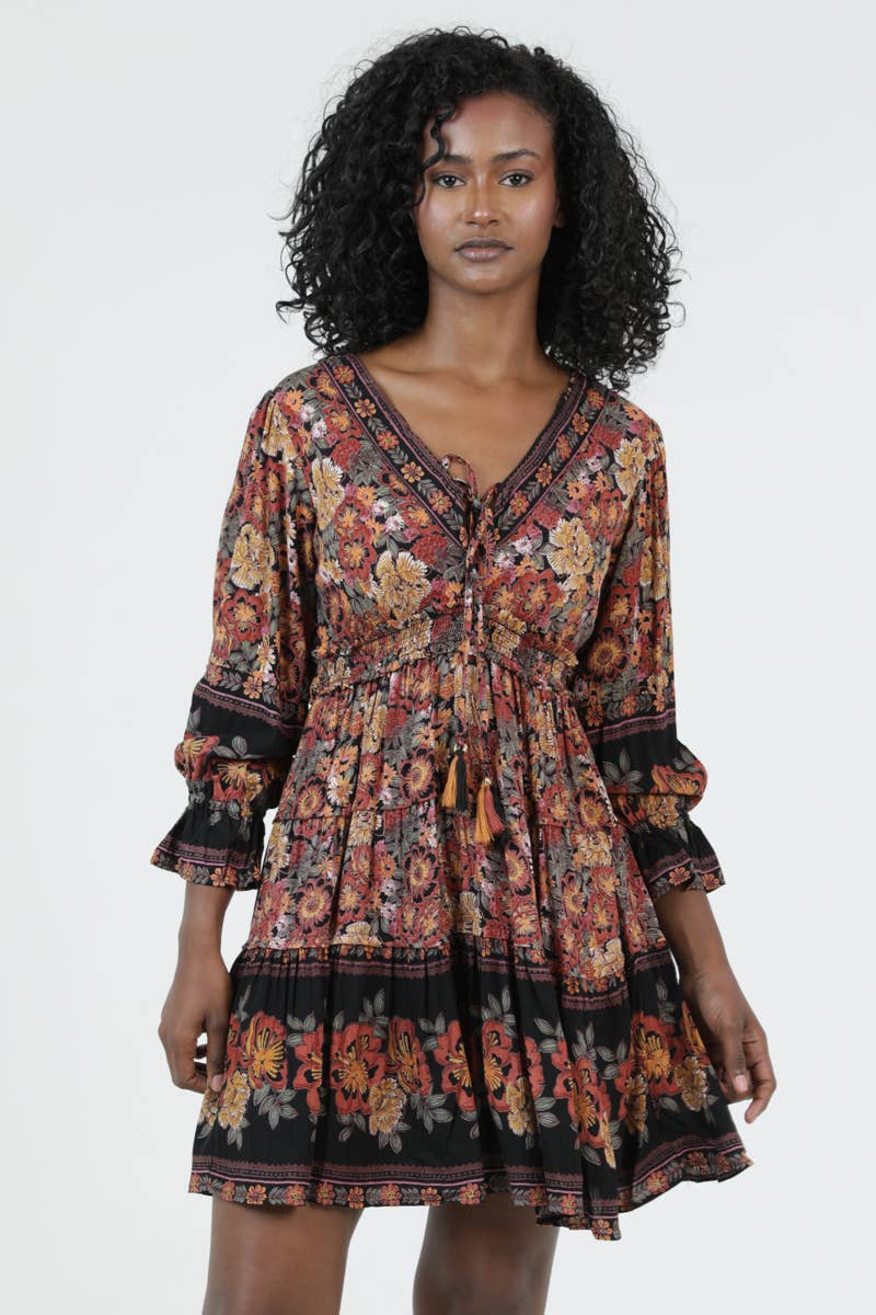 Autumn Wanderer Boho Floral Long Sleeve Dress Sizes Sm-Lg