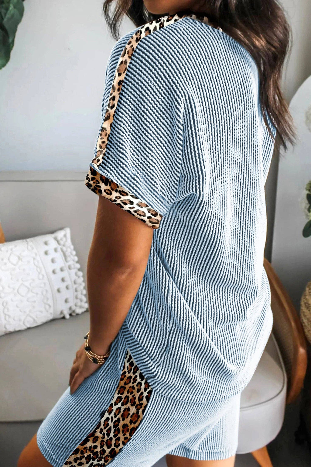 Leopard Trim Twist Ribbed Short Set: Sky Blue or Sachet Pink / S-XL