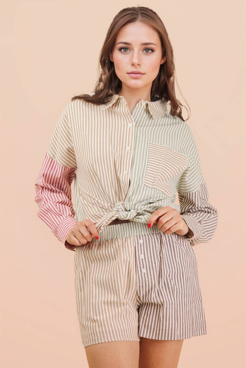 Stripe Color Block Shirt & Shorts Set: PINK MIX / S-M-L/