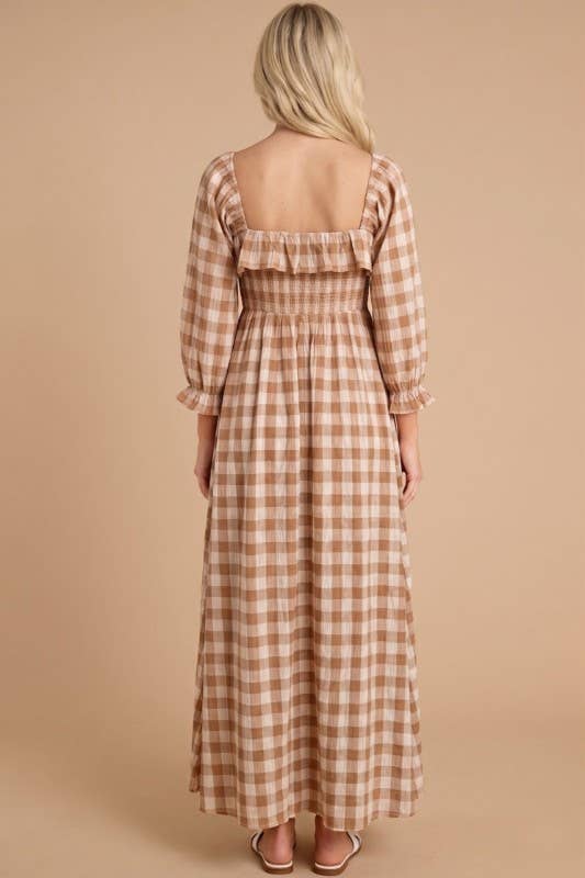 Cottage Gingham Smocked Maxi: Brown / Checkered - Small - Large