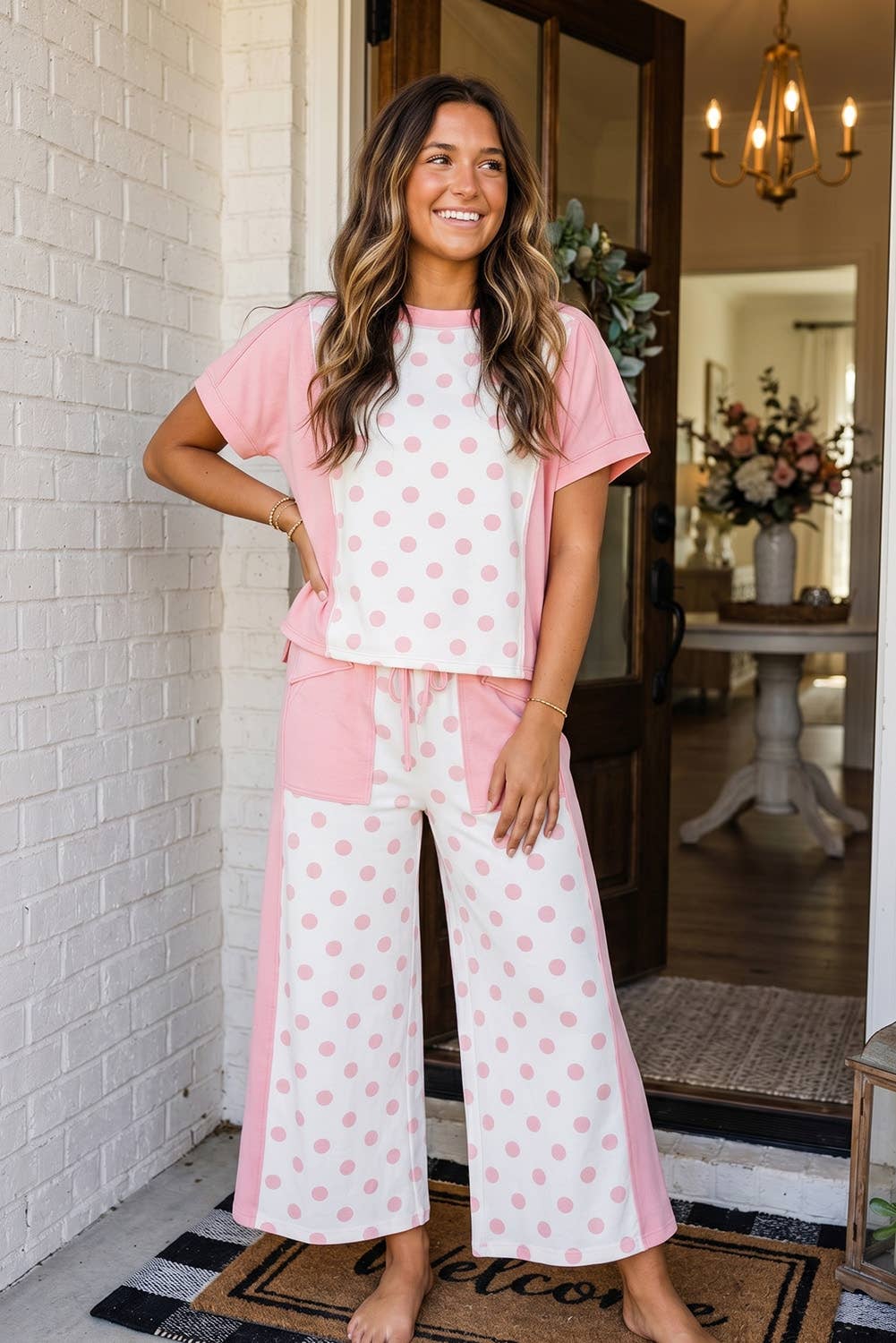 Pants Set - French Terry Feel - Contrasting Pink and White Polka Dot w/Drawstring Pants / S- XL
