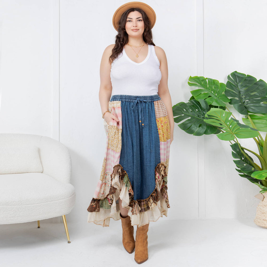 Young Threads: Western Boho Chic: Patchwork Midi Skirt : DENIM / Sizes Small - XL