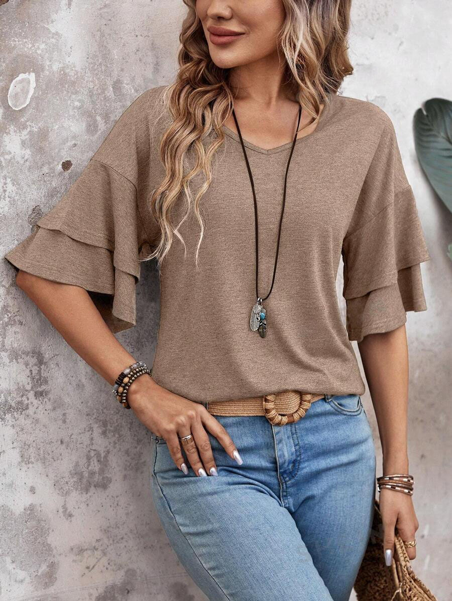 V Neck Ruffle Sleeve Loose Fit Women’s Top: Black/Navy/Tan: Sizes Small - 2X