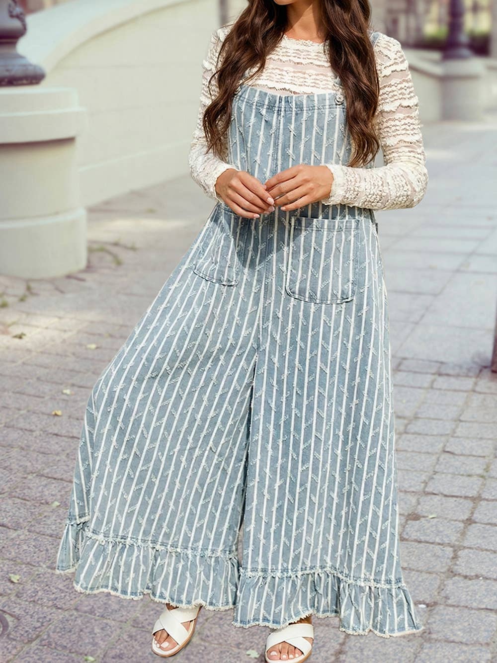 Striped Distressed Ruffled Wide Leg Denim Overalls/ M