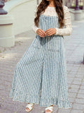 Striped Distressed Ruffled Wide Leg Denim Overalls/ M