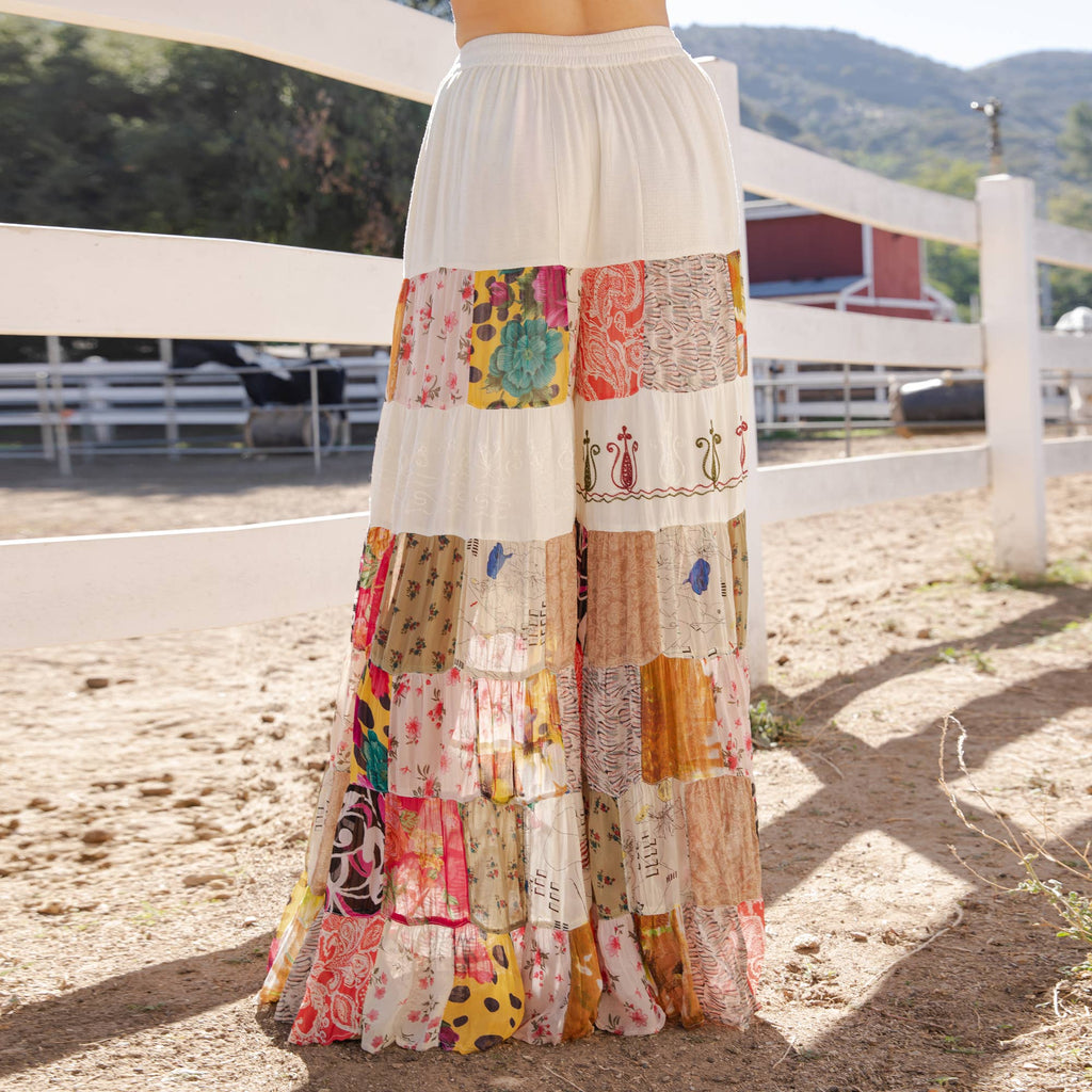 Young Threads - Boho Artisan Tiered Patchwork Wide-Leg Pants: Moss - Sizes Small - XL