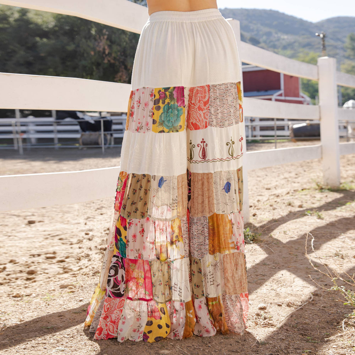 Young Threads - Boho Artisan Tiered Patchwork Wide-Leg Pants: Moss - Sizes Small - XL