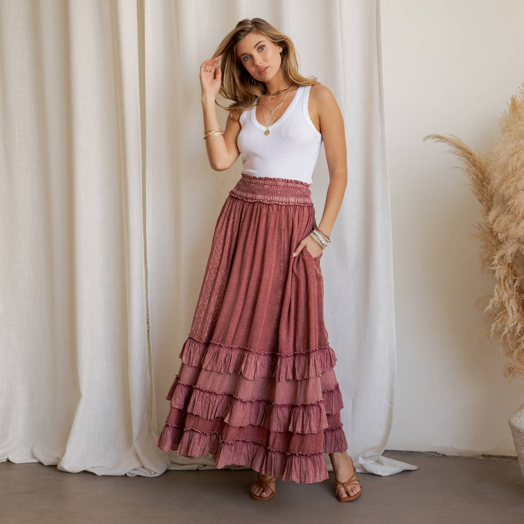 Young Threads: Rustic Textured Smocked Waist Ruffled Tiered Maxi Skirt: Gray / Small - 3X