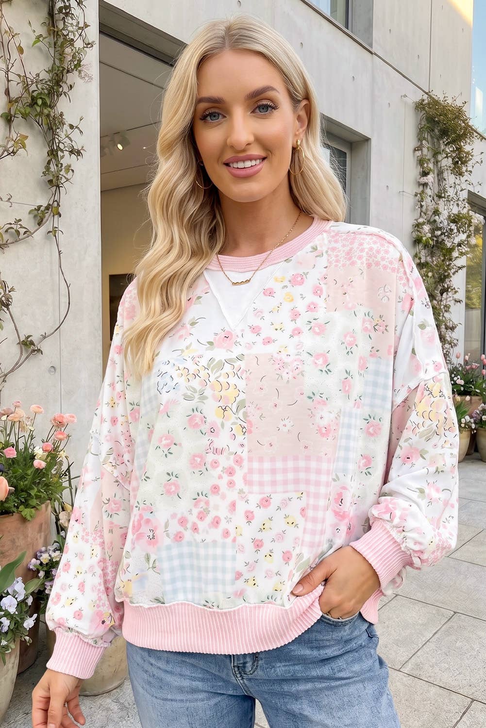 Twisted Ribbed Trim Floral Patchwork Sweatshirt Pink