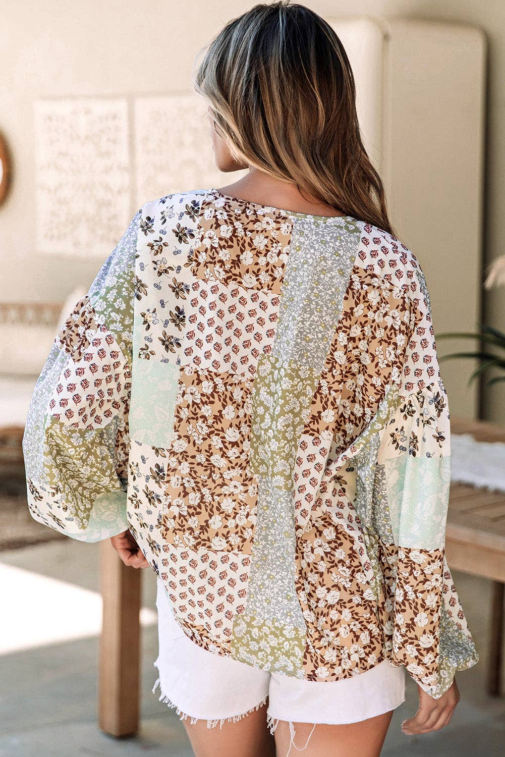 Multicolor Floral Patchwork Print Long Puff Sleeve Shirt: Multicolor - Small - XL