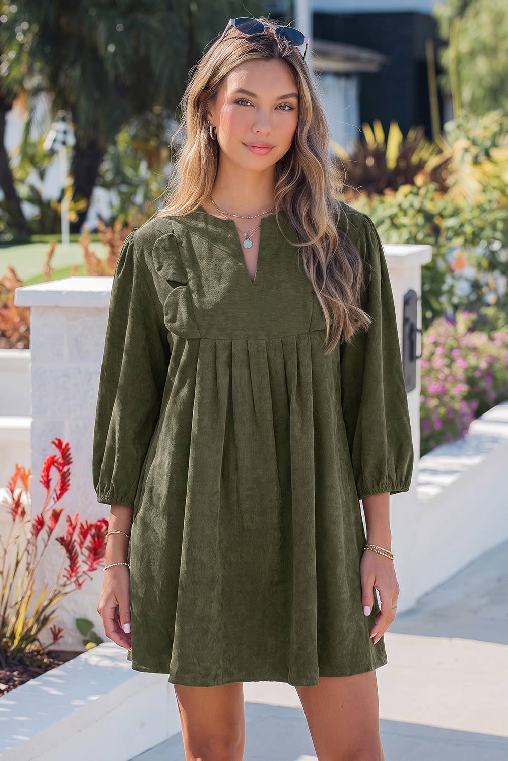 Scallop Split Neck Corduroy Pleated Dress With Pockets: Cinnamon / Moss Green - Sizes S-XL
