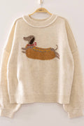 Daschund Hot Dog Dog Graphic Sweater: OATMEAL Small - Large