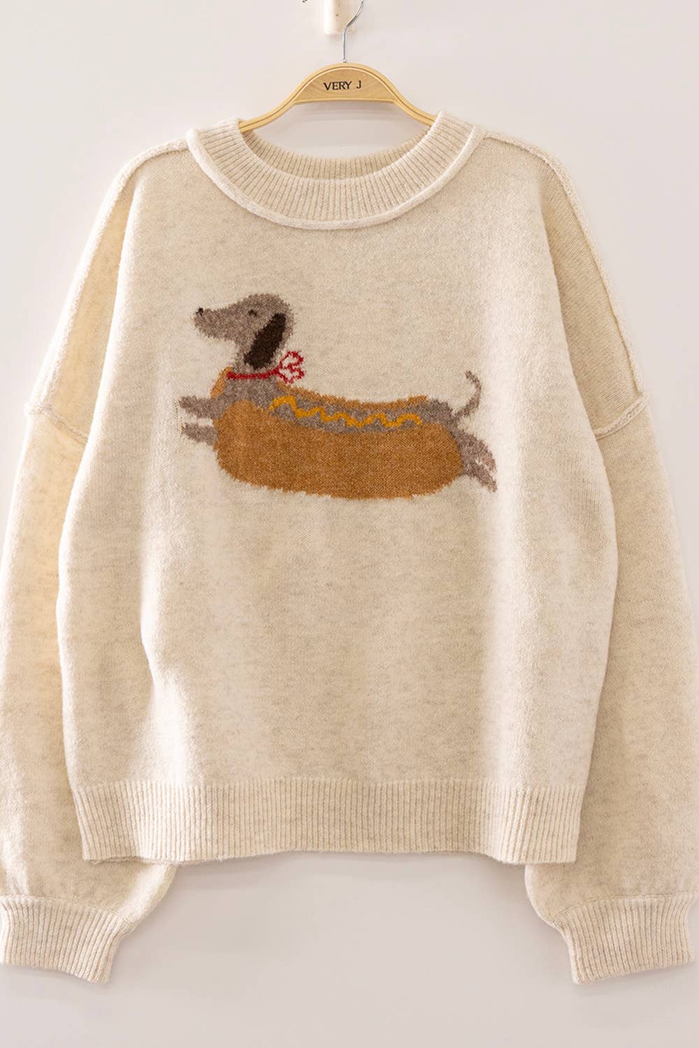 Daschund Hot Dog Dog Graphic Sweater: OATMEAL Small - Large