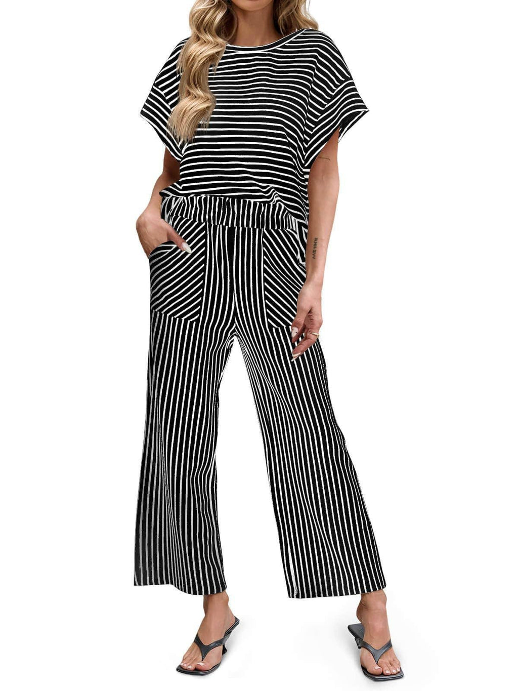 Striped Wide Leg Pants Set Casual 2 Piece Outfit: Black/Navy/Tan / S-2X