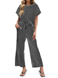 Striped Wide Leg Pants Set Casual 2 Piece Outfit: Black/Navy/Tan / S-2X