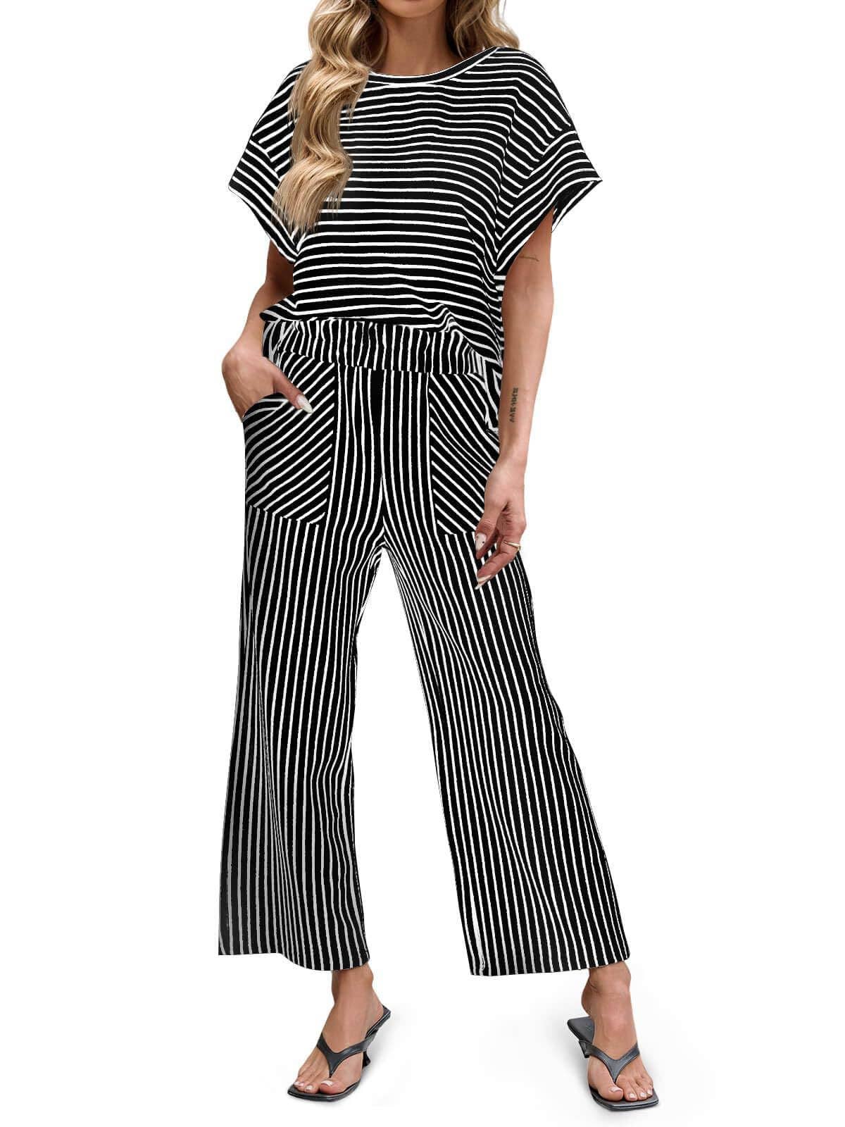 Striped Wide Leg Pants Set Casual 2 Piece Outfit: Black/Navy/Tan / S-2X