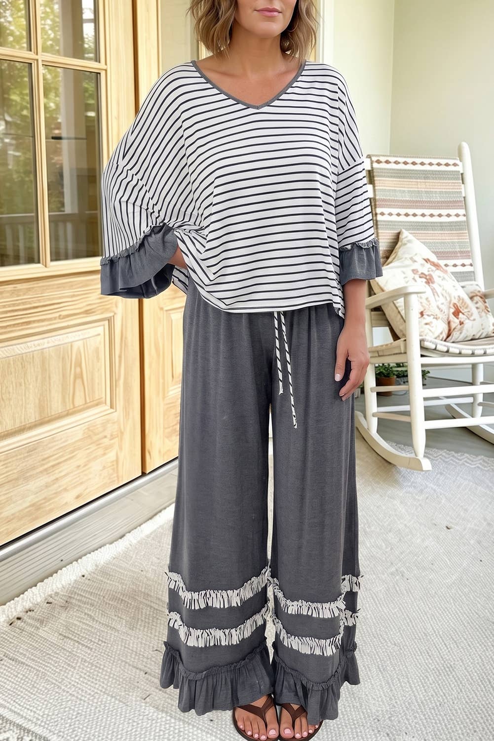 Stripe V Neck Ruffle Sleeve Drawstring Pants 2pcs Set : Gray with Black & White Stripe / Sizes Small - Large