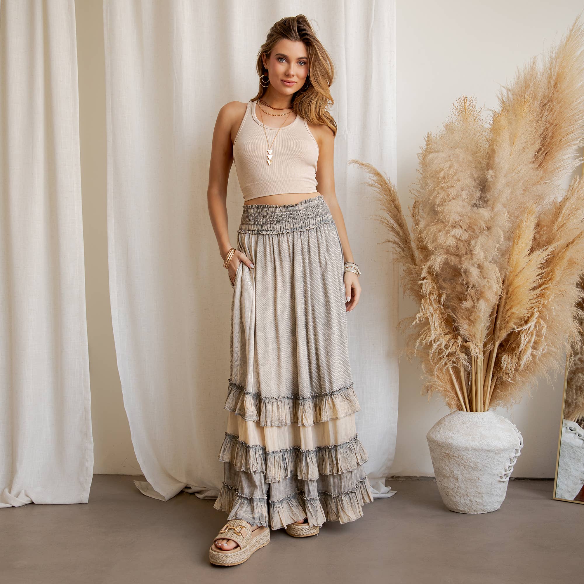 Young Threads: Rustic Textured Smocked Waist Ruffled Tiered Maxi Skirt: Gray / Small - 3X