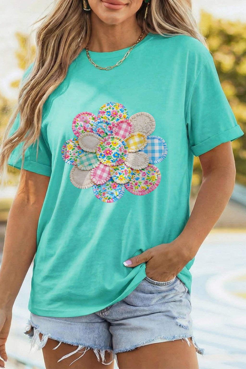 Patchwork Flower Printed Casual T Shirt : Mint Green S-3X