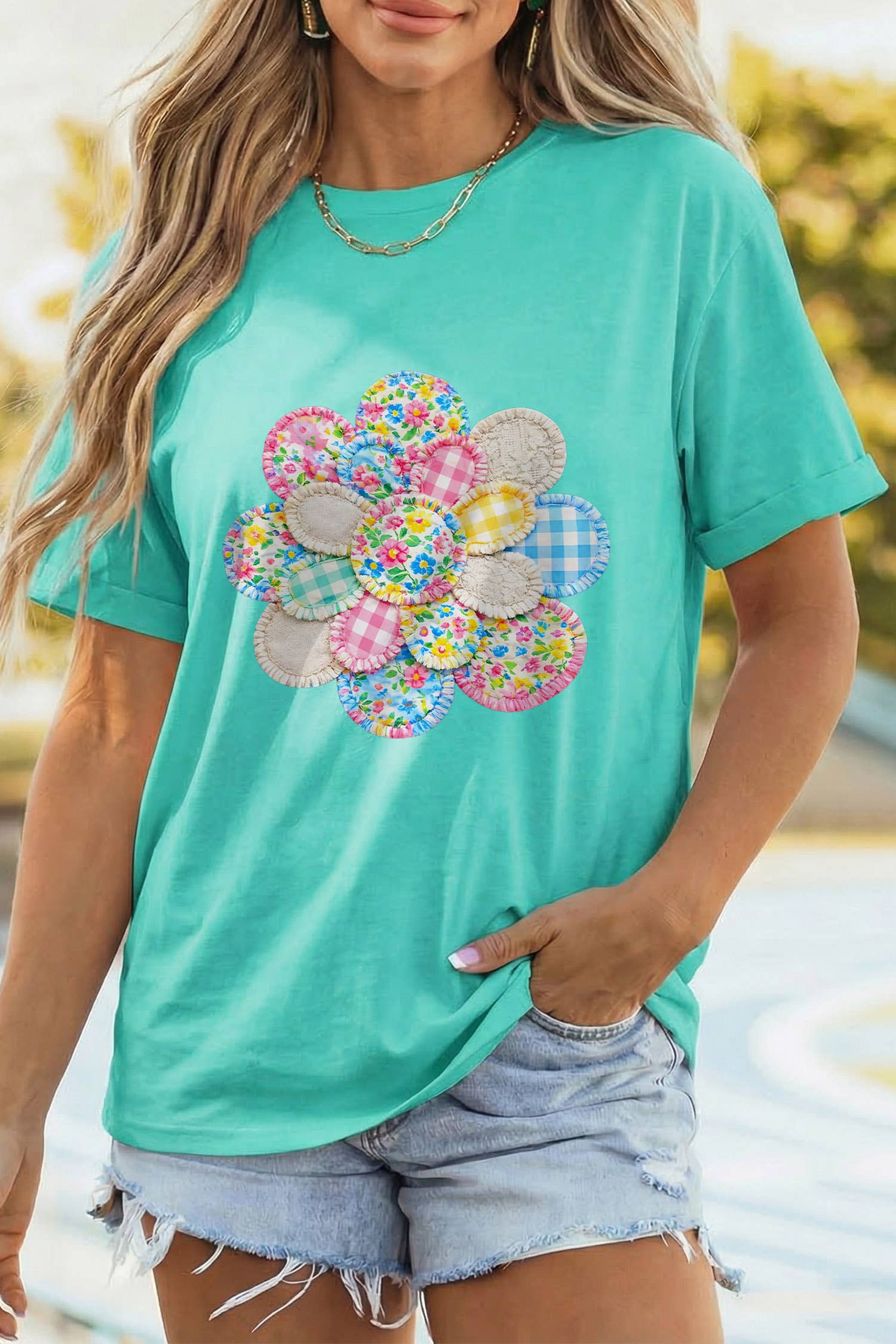 Patchwork Flower Printed Casual T Shirt : Mint Green S-3X