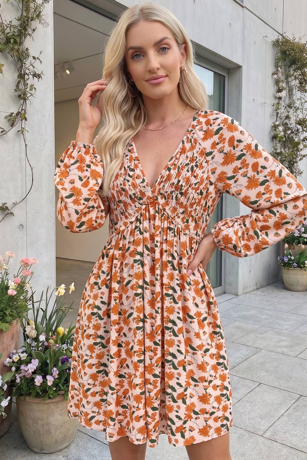 Fall Floral Deep V Neck Smocked Bubble Sleeve Dress
