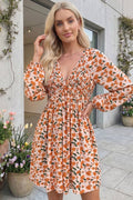 Fall Floral Deep V Neck Smocked Bubble Sleeve Dress