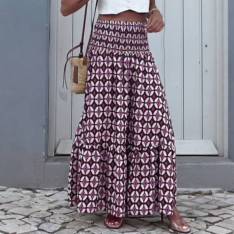 Geometric Chiffon Maxi Skirt Boho Smocked Tiered: Purple - Small - XL