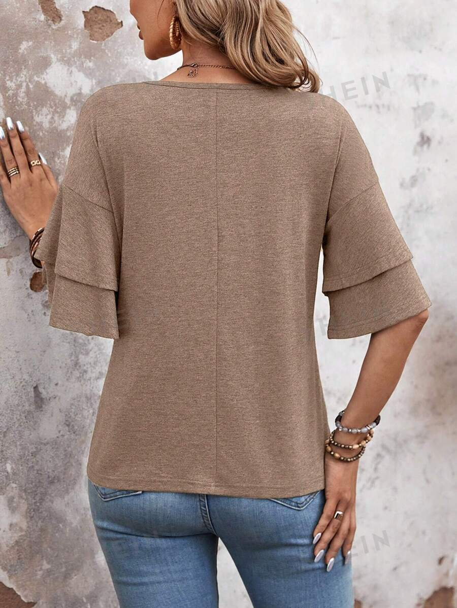 V Neck Ruffle Sleeve Loose Fit Women’s Top: Black/Navy/Tan: Sizes Small - 2X