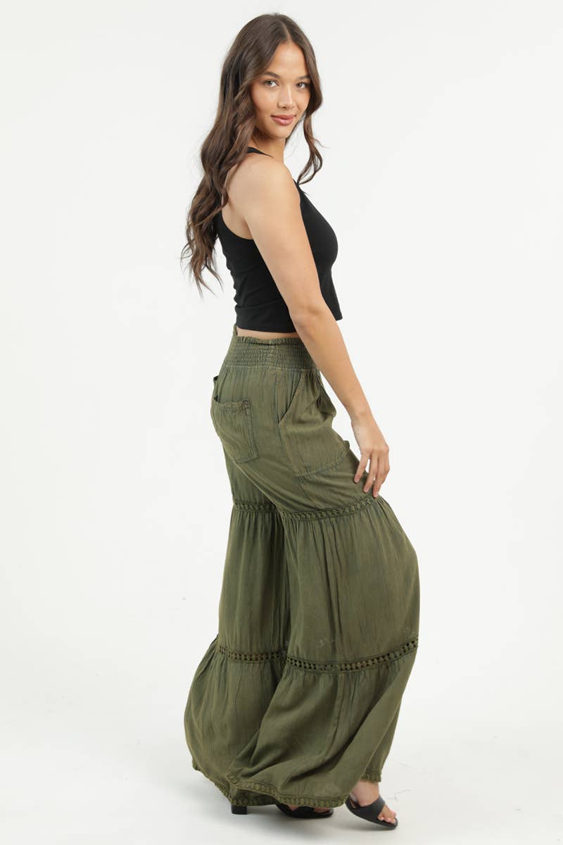 Olive Romance Lace Trim Tiered Wide Leg Pants
