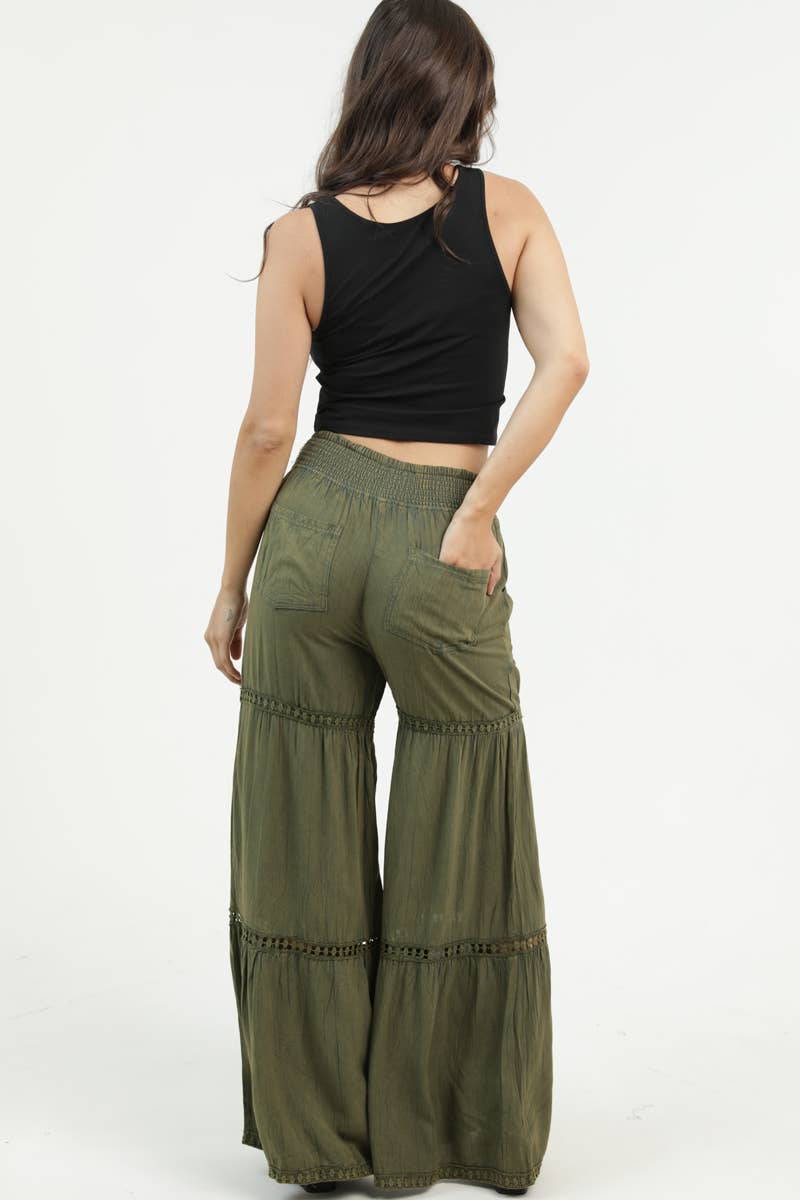 Olive Romance Lace Trim Tiered Wide Leg Pants