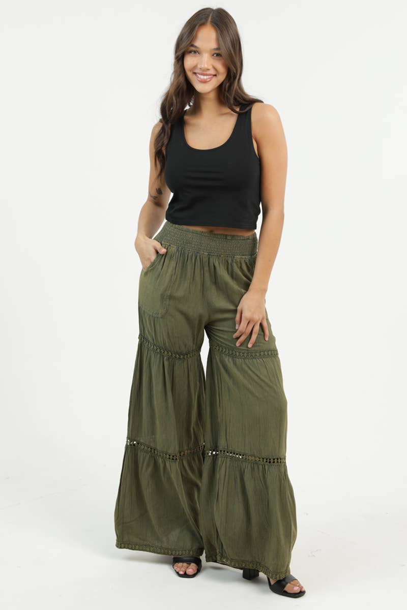Olive Romance Lace Trim Tiered Wide Leg Pants
