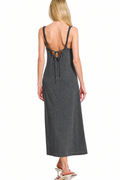 Zenana Twisted Charm French Terry Maxi Dress – Charcoal Gray and Dusty Blue Sizes: Small-Large