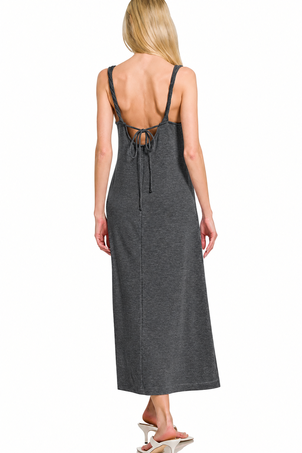 Zenana Twisted Charm French Terry Maxi Dress – Charcoal Gray and Dusty Blue Sizes: Small-Large