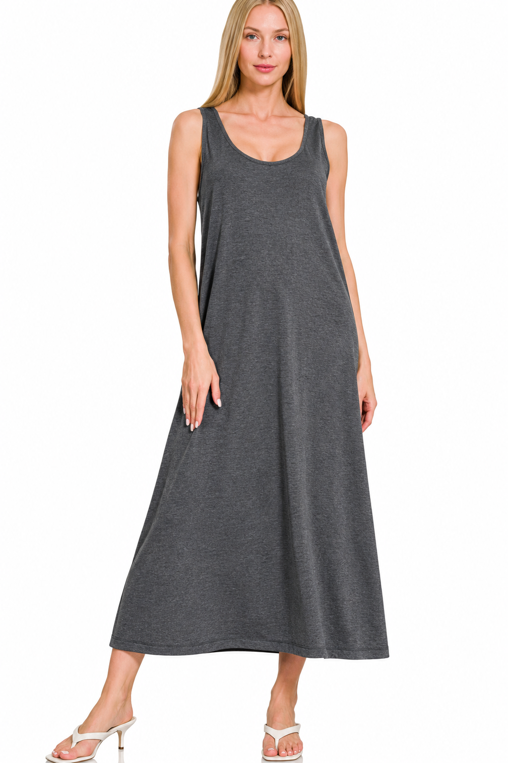Zenana Twisted Charm French Terry Maxi Dress – Charcoal Gray and Dusty Blue Sizes: Small-Large