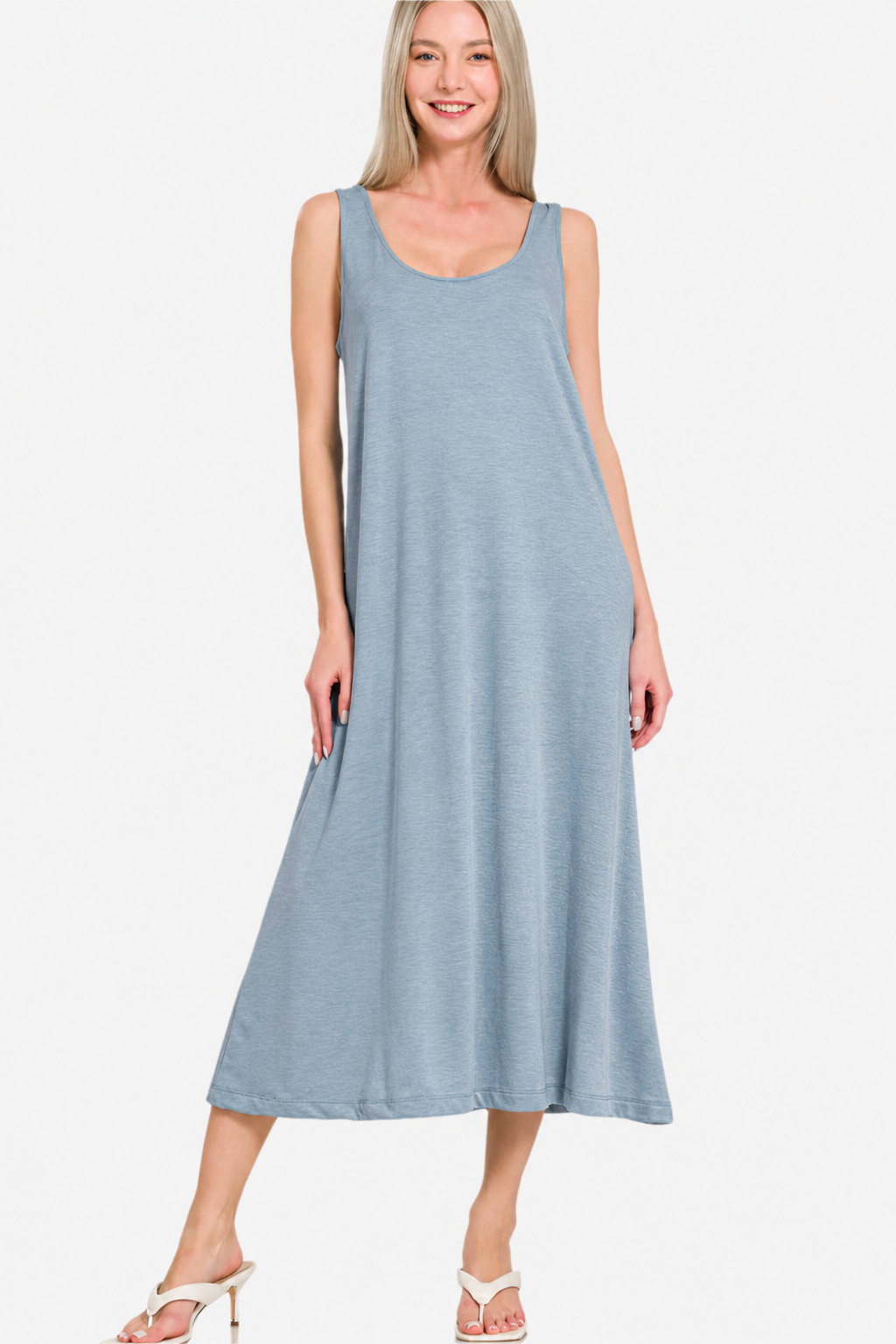 Zenana Twisted Charm French Terry Maxi Dress – Charcoal Gray and Dusty Blue Sizes: Small-Large