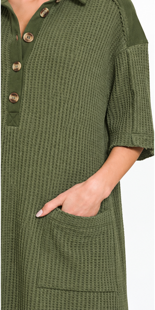 Zenana Everyday Comfort Waffle Knit Polo Dress - Sizes: Small - Large