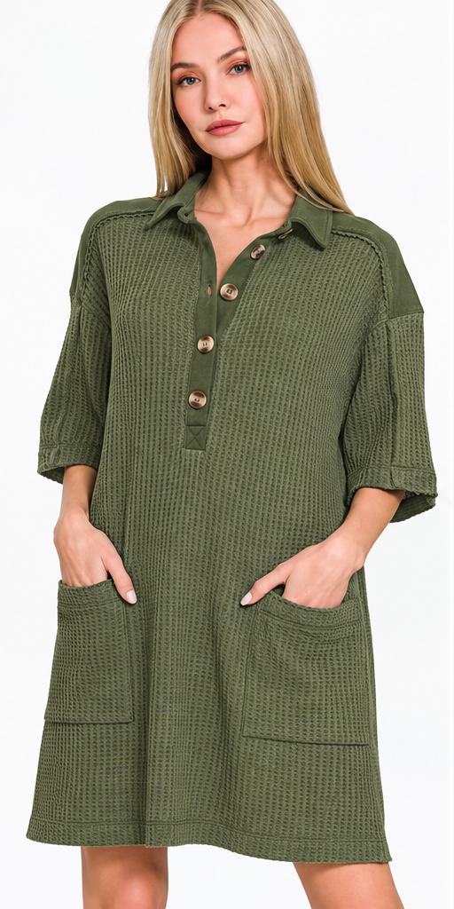 Zenana Everyday Comfort Waffle Knit Polo Dress - Sizes: Small - Large