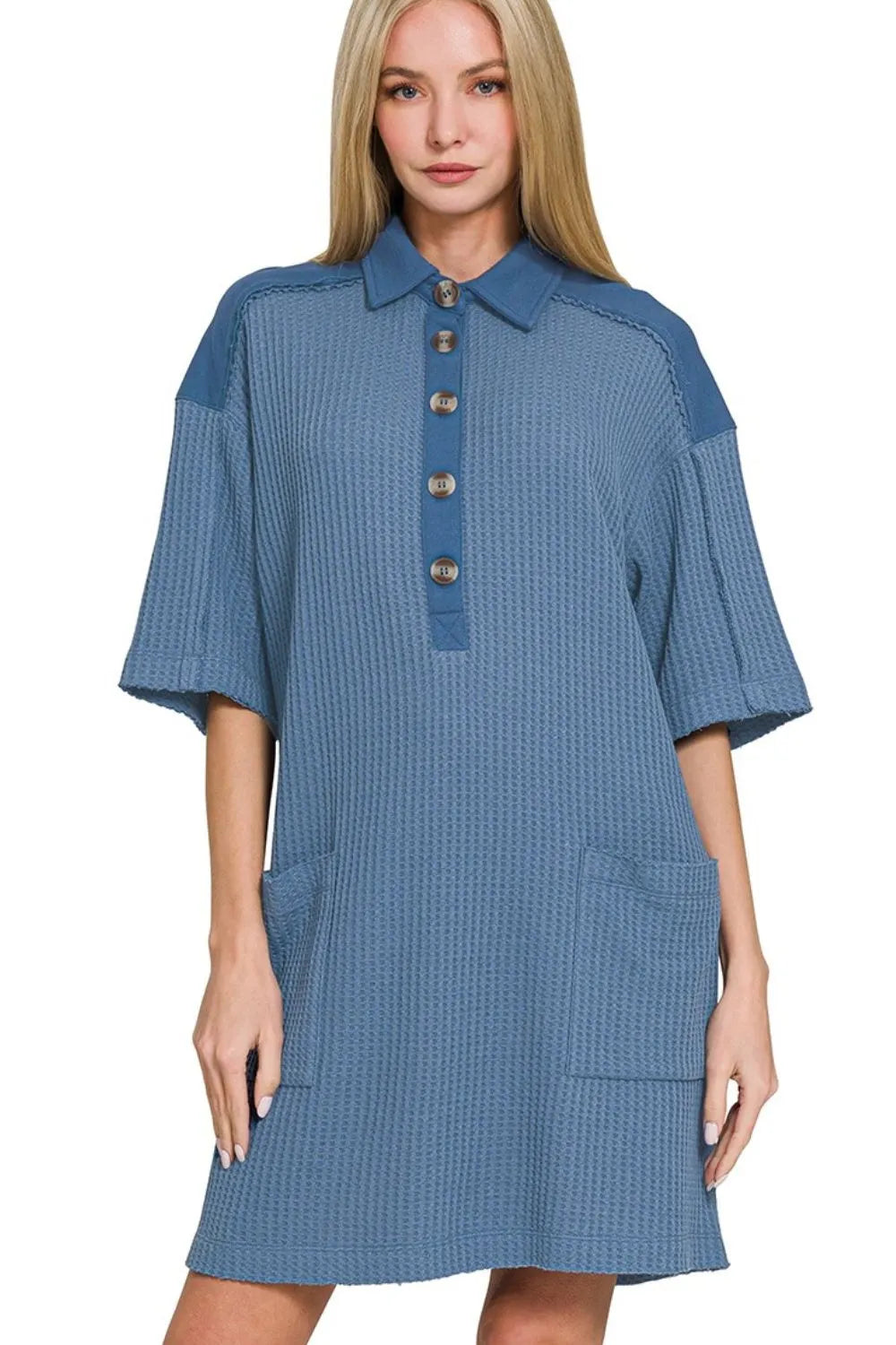 Zenana Everyday Comfort Waffle Knit Polo Dress - Sizes: Small - Large