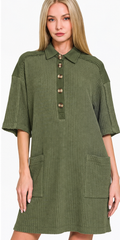 Zenana Everyday Comfort Waffle Knit Polo Dress - Sizes: Small - Large