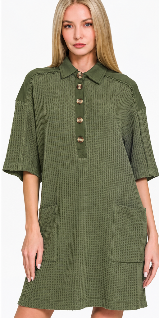 Zenana Everyday Comfort Waffle Knit Polo Dress - Sizes: Small - Large