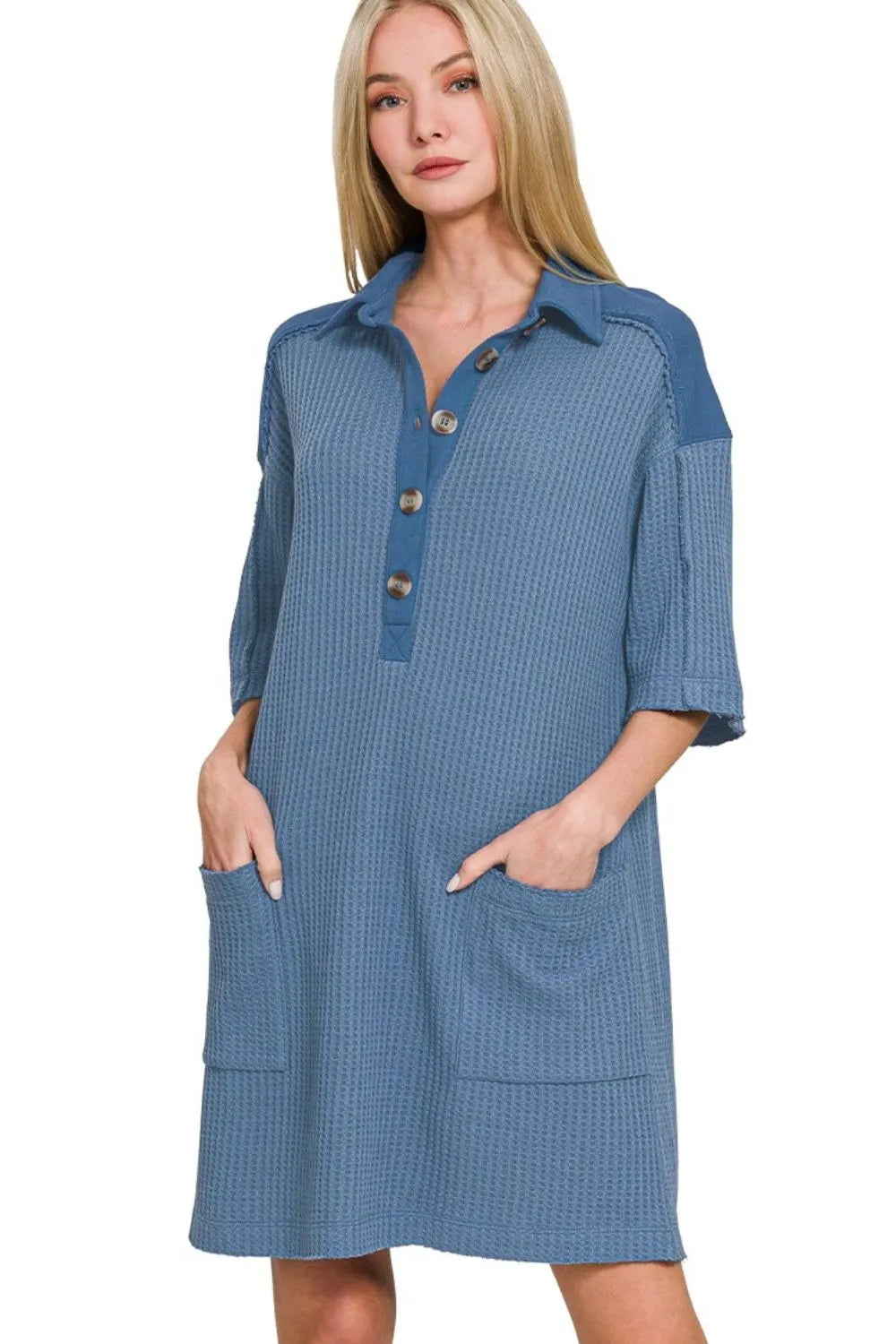 Zenana Everyday Comfort Waffle Knit Polo Dress - Sizes: Small - Large