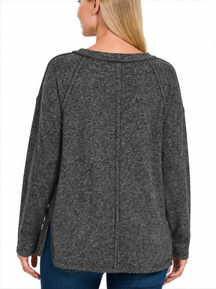 Zenana Hacci Exposed Seam Pullover - Heathered Black Sizes Sm/Med and Lg/XL