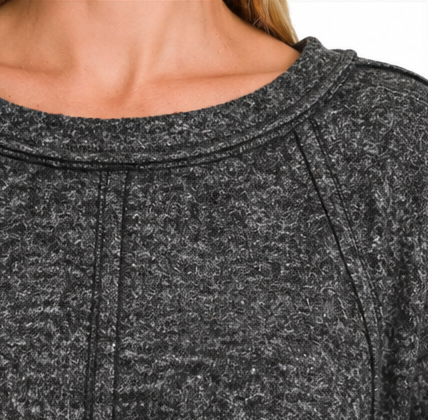 Zenana Hacci Exposed Seam Pullover - Heathered Black Sizes Sm/Med and Lg/XL